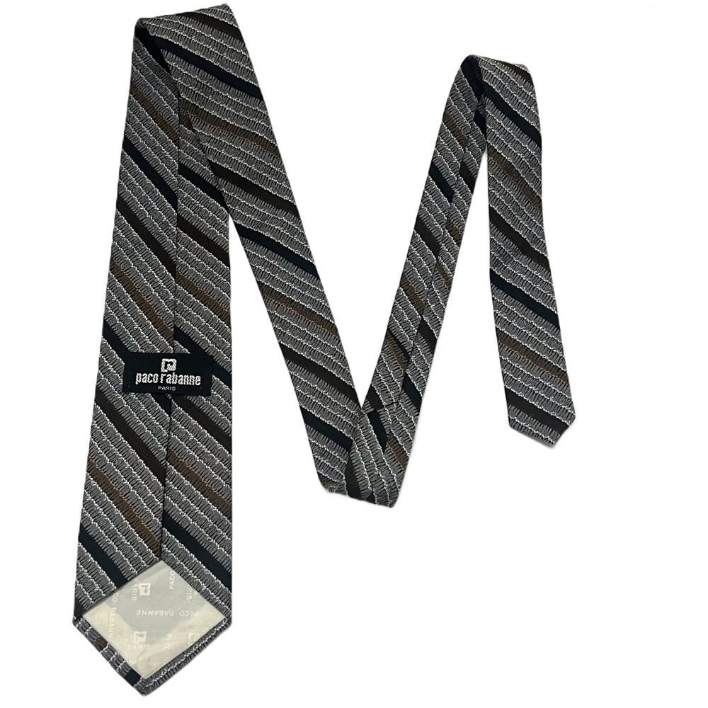 Paco Rabanne Paris Men’s Designer Tie Gray Black Striped Vintage Retro‎ Necktie - Picture 2 of 5